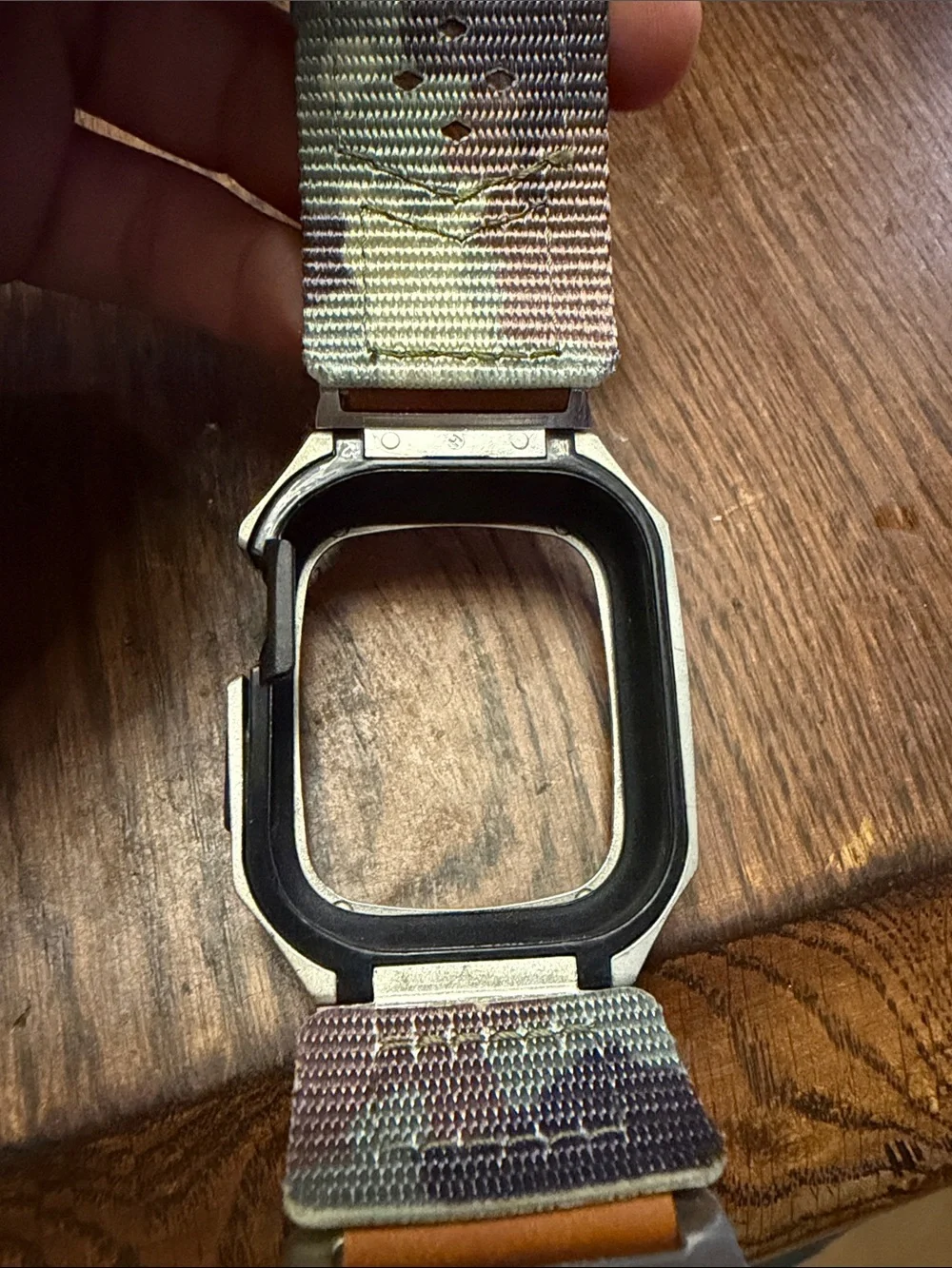 Rugged Metal Watch Case with Green Nylon & Tan Leather Strap